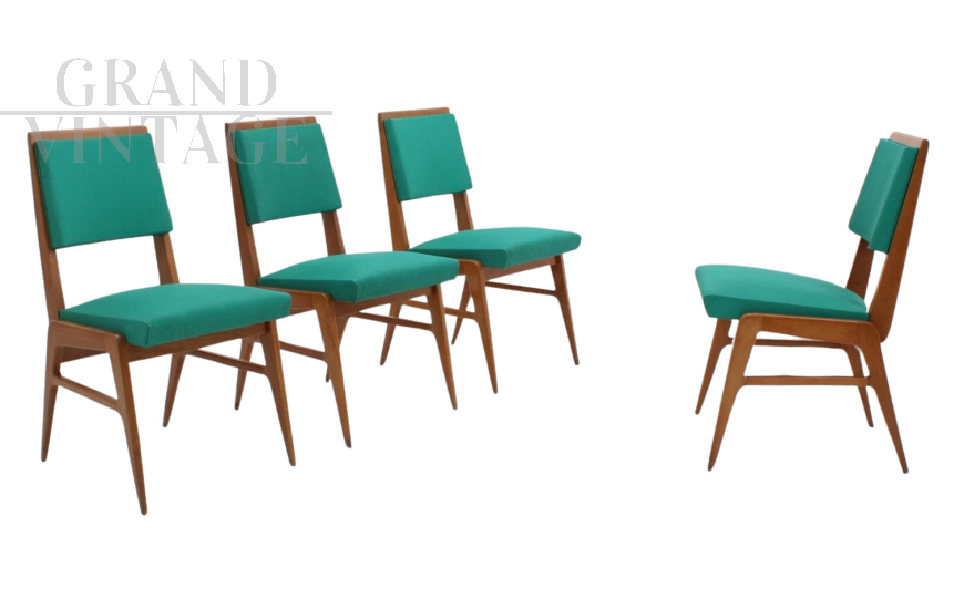 Set of 4 mid-century French dining chairs in green skai, 1950s