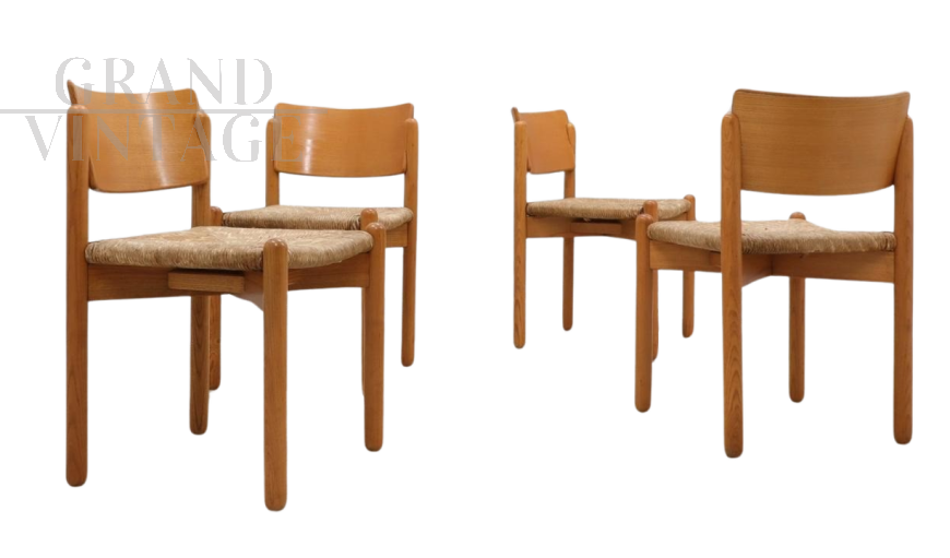 Set of 4 vintage wooden dining chairs with straw seats, 1970s