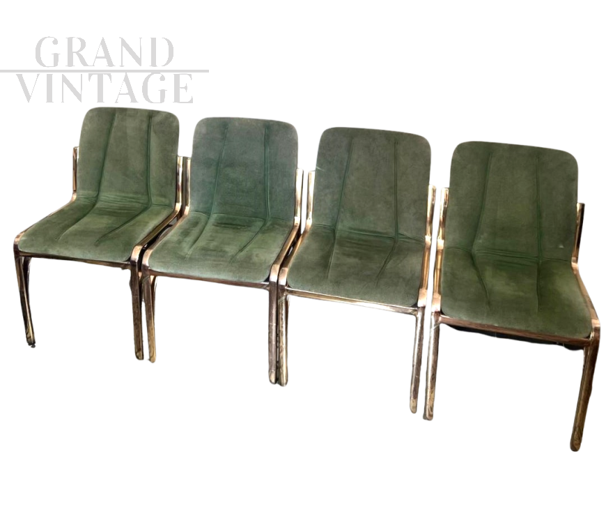 Set of 4 design chairs by Vittorio Gregotti in green suede