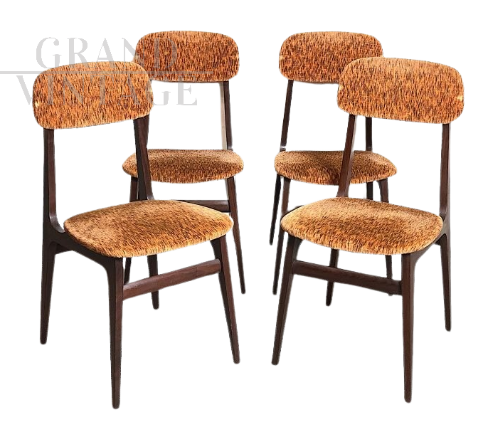 Set of 4 vintage chairs in teak wood and melange brown - lobster velvet