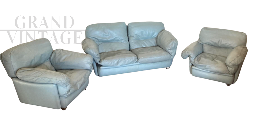 Poppy model sofa and armchairs set by Poltrona Frau in light blue leather