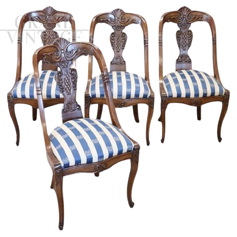 Set of four antique walnut gondola chairs, Italy 19th century