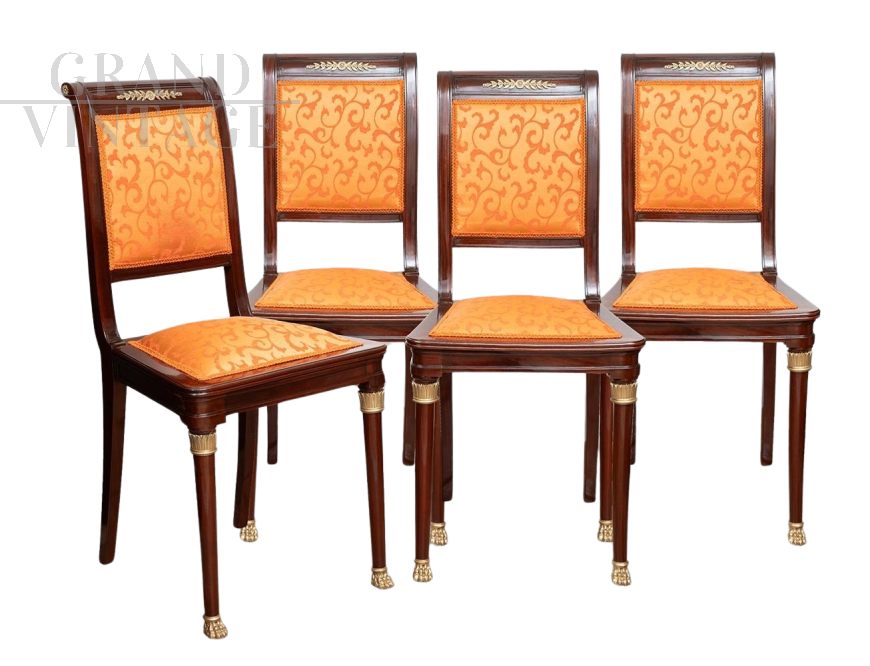 Set of four antique chairs in solid mahogany with bronze inserts