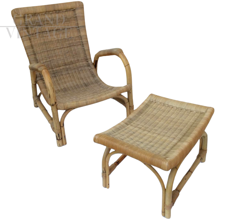 Bamboo armchair and stool set, 1960s