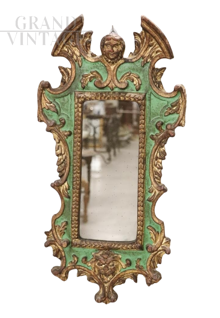 Gothic style mirror in green and gold lacquered wood, 1980s  