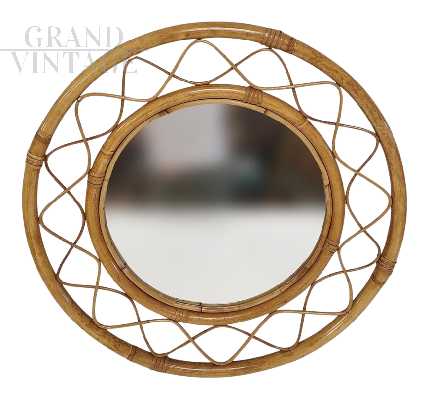 Round woven rattan wall mirror