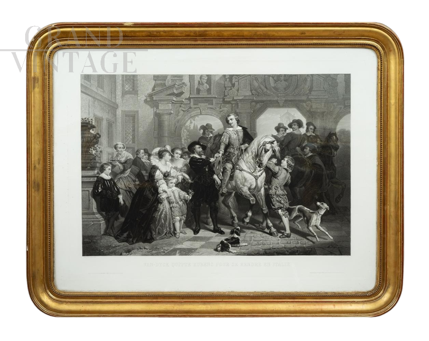 Antique print depicting Van Dyck greeting Rubens to go to Italy