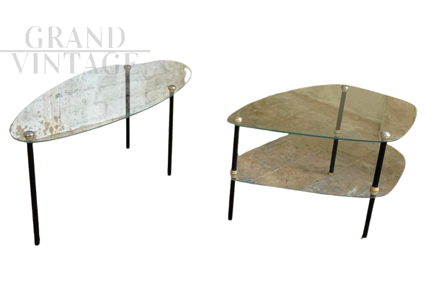 Pair of Edoardo Paoli style glass and metal coffee tables, 1950s