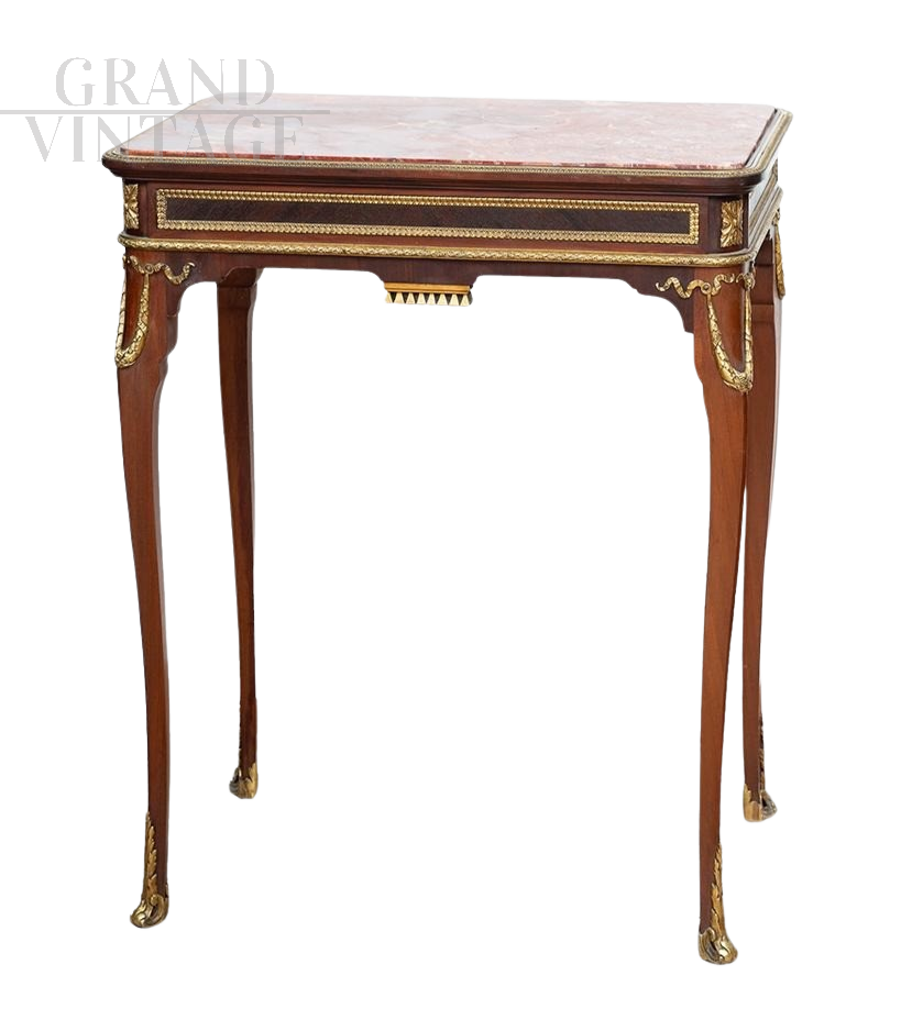 Antique Napoleon III coffee table in mahogany with red marble top