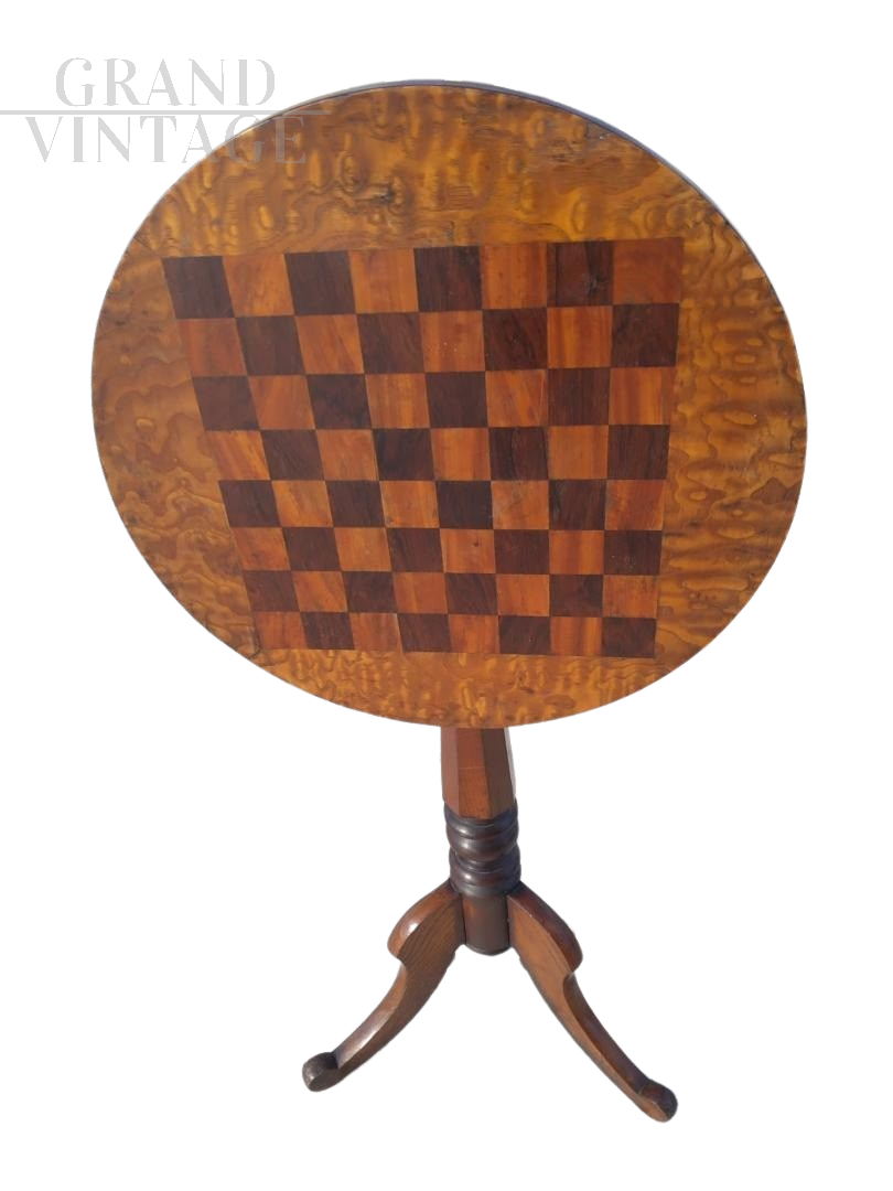 Antique round snap top table with inlaid chessboard, 19th century