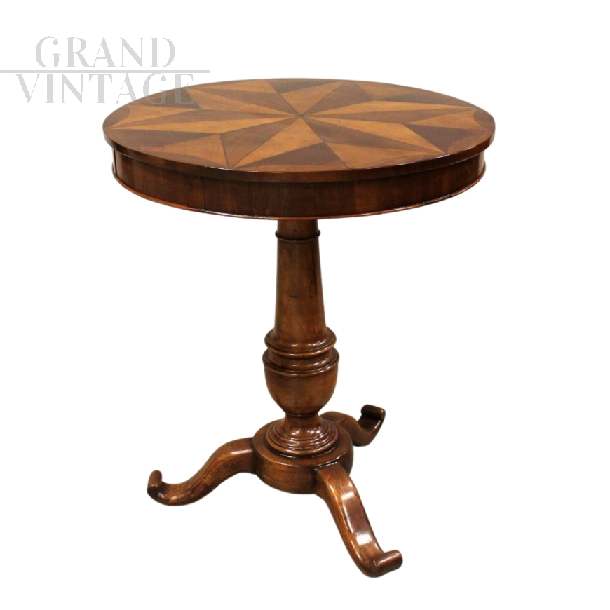 Antique round Louis Philippe coffee table in inlaid walnut, Italy 19th century