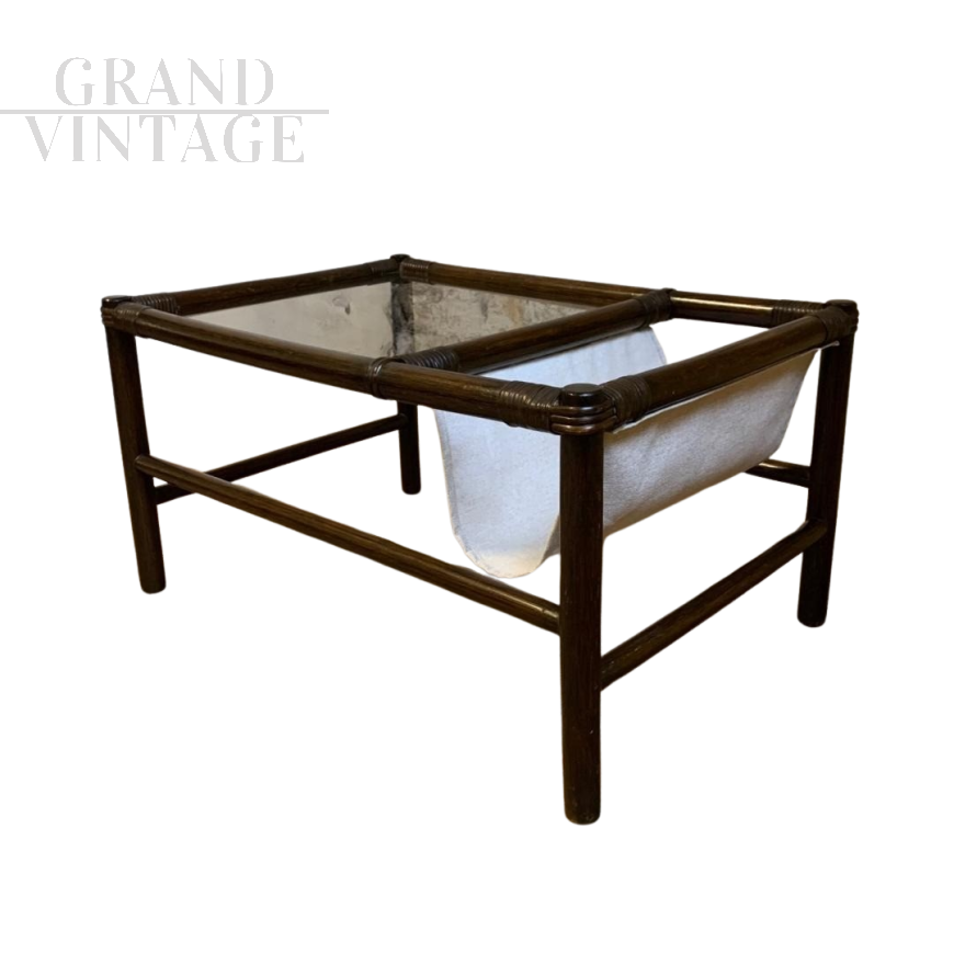 Vintage 1970s bamboo coffee table with fabric magazine rack                            
                            