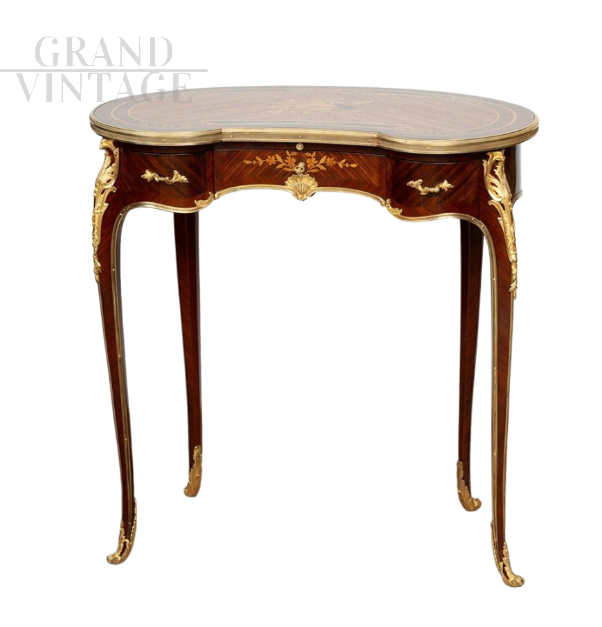 Antique Napoleon III bean-shaped side table or desk in fine exotic woods            
                            