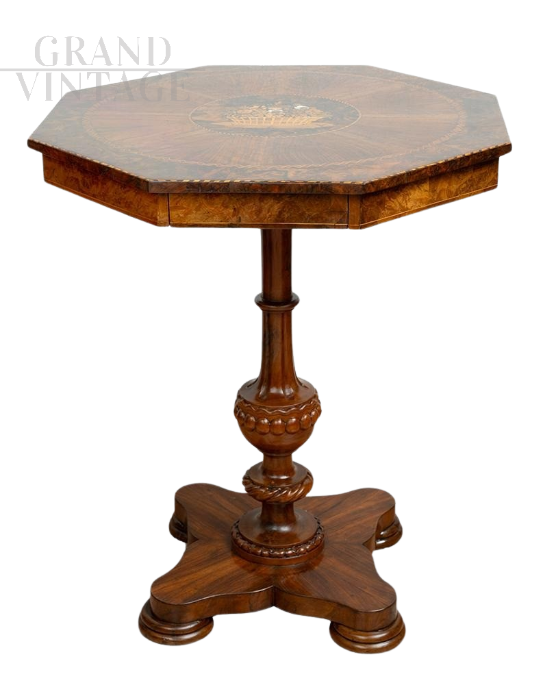 Antique Empire side table in walnut briar with drawer and inlay on the top