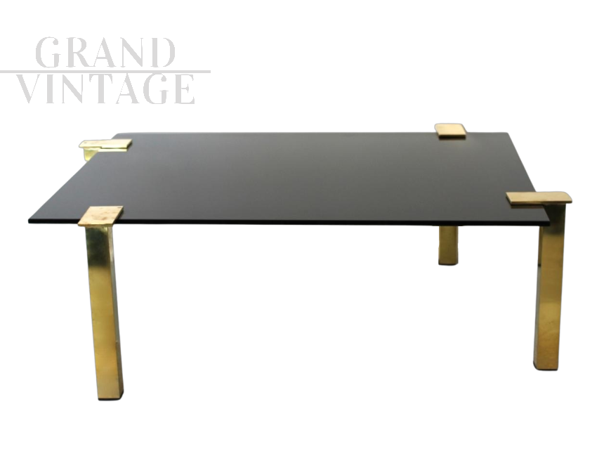 Design coffee table in brass and black glass, 1970s           