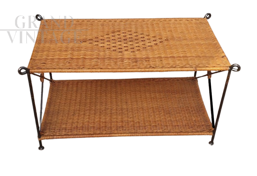 Vintage wicker and wrought iron coffee table