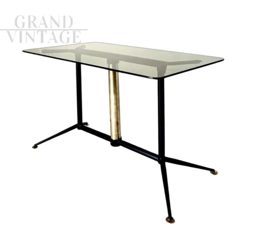 Vintage steel and brass coffee table with smoked glass top