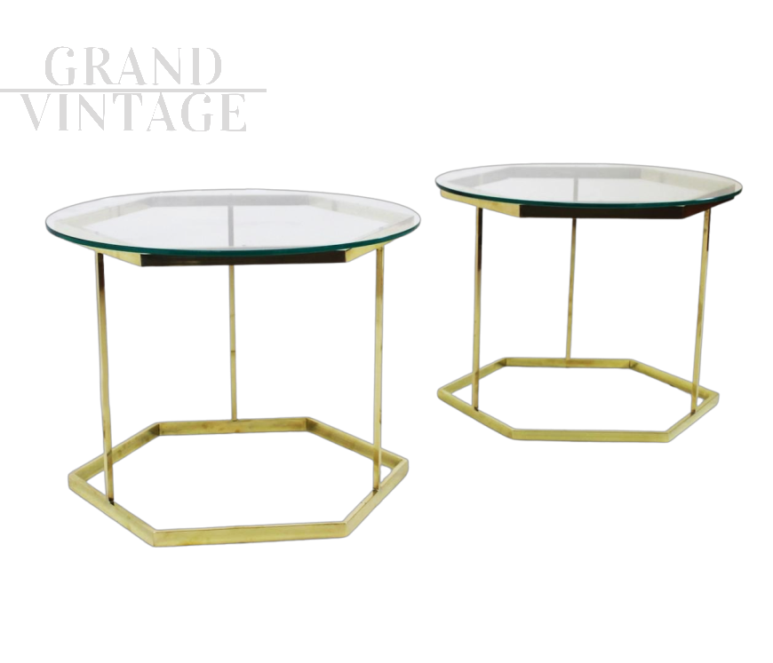 Hexagonal design coffee table in brass with glass top, 1970s      