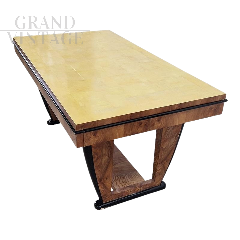 Extendable Art Deco style table in briar and parchment