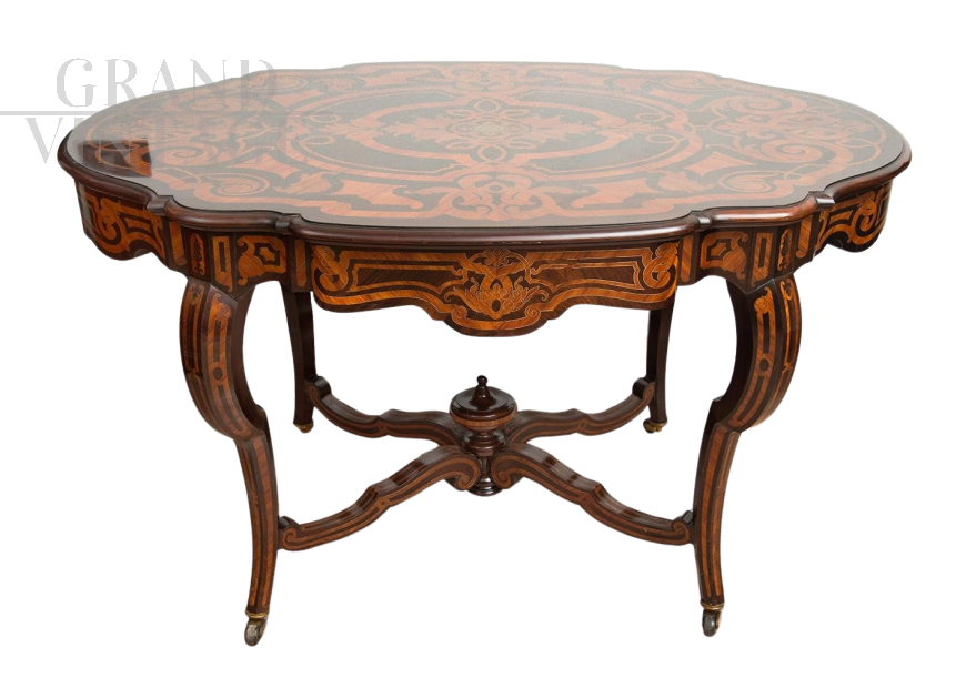 Napoleon III table with inlays in silver and precious exotic woods, 19th century