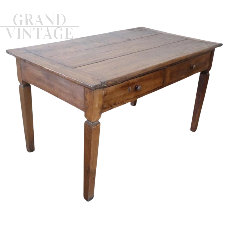 Antique rustic table in poplar wood from the 19th century with two drawers    