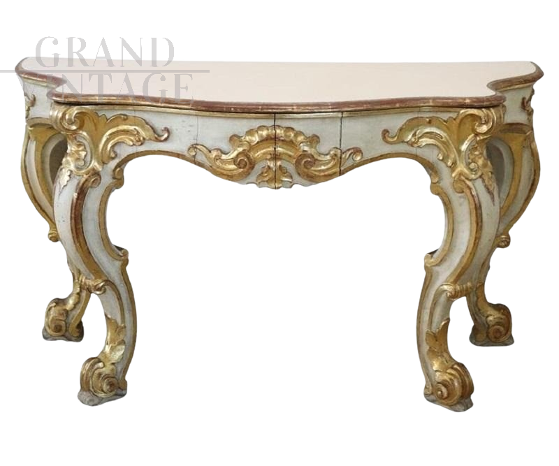 Antique style console table in lacquered and gilded wood, first half of the 20th century