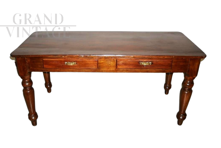 Antique rectangular kitchen table with two drawers