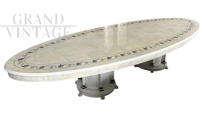 Oval art deco style table in parchment with decorated top