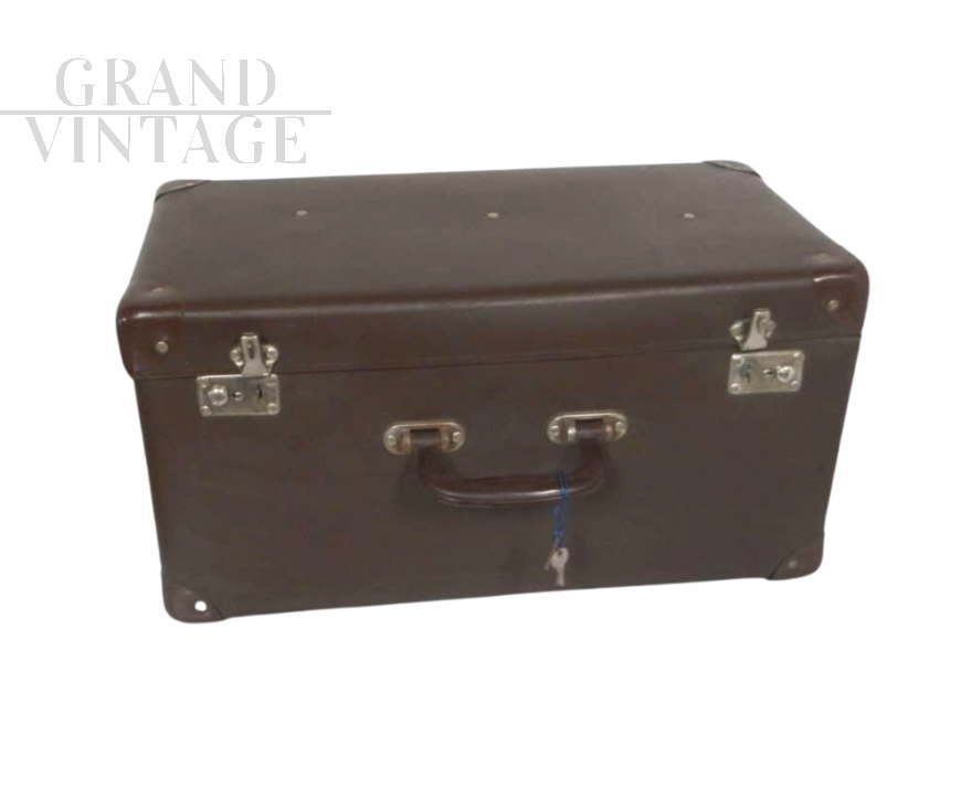 Vintage cardboard and brown imitation leather trunk suitcase, 1980          