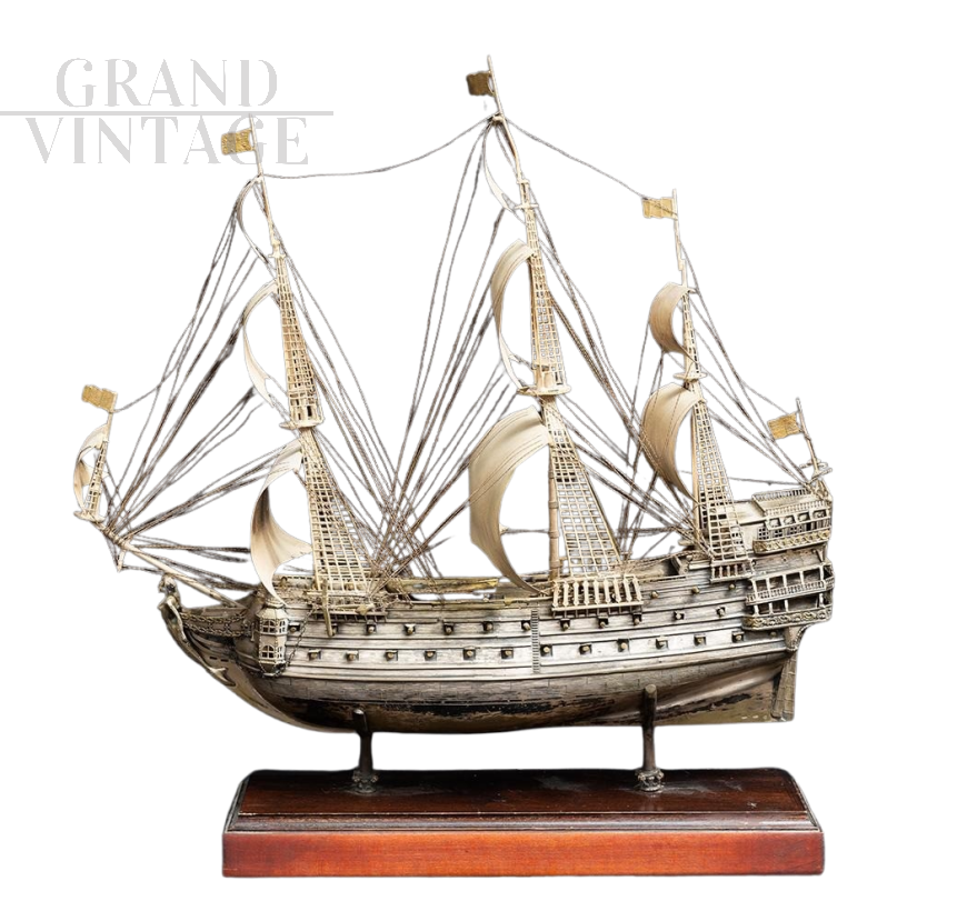 Antique chiselled silver sailing ship, Italy - Naples early 20th century