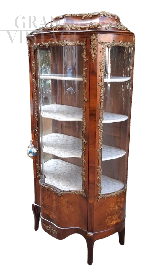 Antique Napoleon III crystal display cabinet, wavy and inlaid