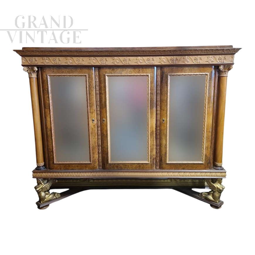 Antique Empire style display cabinet sideboard with columns and caryatids    